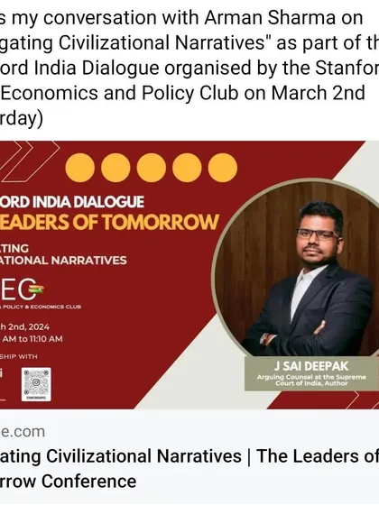 The YouTube thumbnail for my conversation on "Navigating Civilizational Narratives" at the Stanford India Dialogue. The session was part of "The Leaders of Tomorrow" conference.