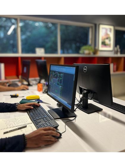 The atmosphere in our Pune studio is one of focused creativity. The open-plan layout and large windows looking out onto greenery create a bright and inspiring environment for our team to design and develop projects.
