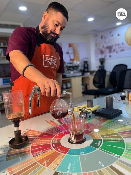 Our trainer Ramandeep demonstrating the Syphon coffee maker. This vacuum brewing method is as much a science experiment as it is a way to make coffee.