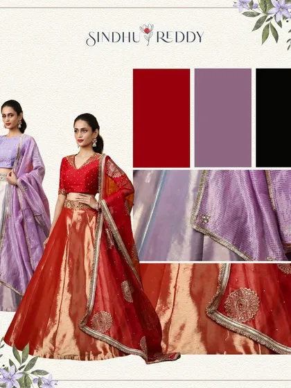 This collage showcases our tissue lehengas in red and lilac, highlighting their shimmering texture and modern appeal.