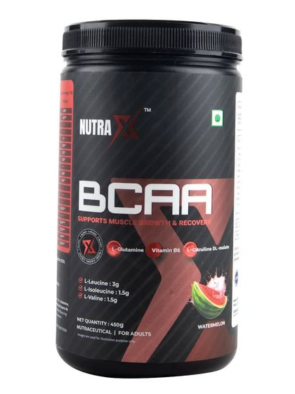 A white-background shot of BCAA powder in watermelon flavor, clearly displaying the branding and flavor profile.