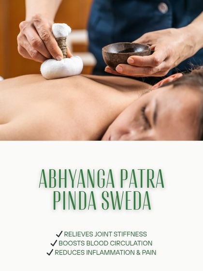 Abhyanga Patra Pinda Sweda, or massage with a heated herbal poultice, is a powerful therapy we use for pain management. It relieves joint stiffness, reduces inflammation, and boosts circulation.