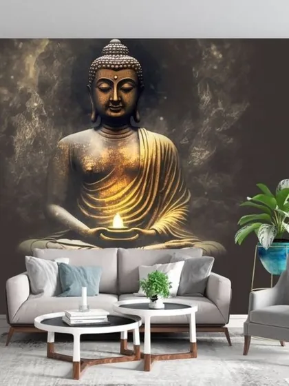 A powerful and minimalist wallpaper of a Buddha statue holding a candle, set against a dark, smoky background. The design is both modern and deeply spiritual.