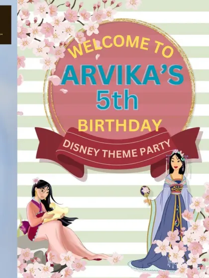 A custom welcome poster for a Disney theme party, this one featuring Mulan for Arvika's 5th birthday.