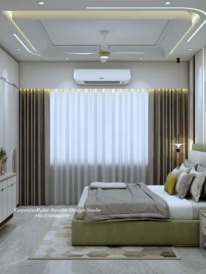 A view of the bedroom showing the simple, elegant dresser and the beautiful play of light from the window. The design is peaceful and timeless.