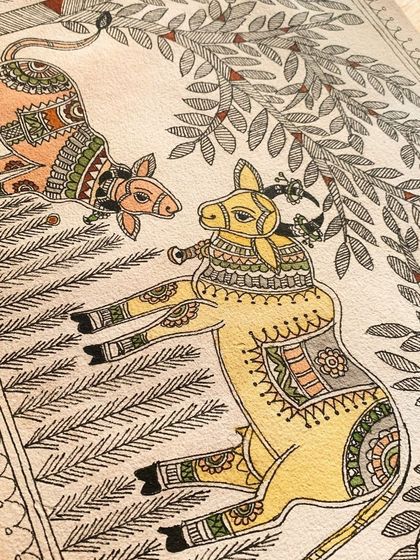 The versatility of Madhubani art is shown here, with a piece using soft, warm colors instead of the typical bright palette. The intricate strokes and patterns still convey the richness of its heritage.