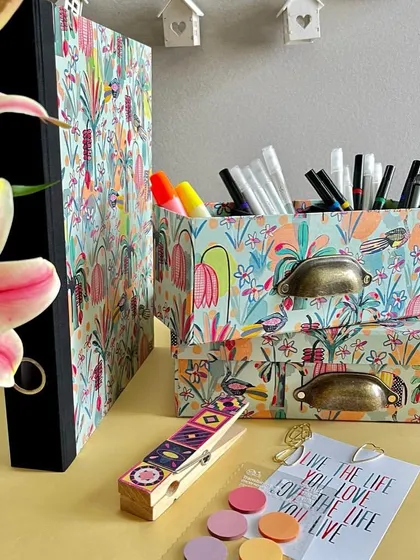 The 'Indian Savannah' collection includes A4 binders and stacking drawers with antique-finish handles, helping you tidy up your desk in style.