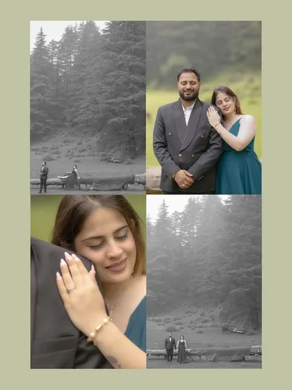 A collage from a pre-wedding shoot in a pine forest. The mix of wide shots and intimate close-ups, including black and white edits, showcases the variety we capture in a single location.