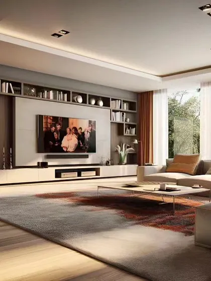 This living room features a large, built-in media wall with extensive shelving for books and decor. The design combines functionality with a classic aesthetic, providing ample storage and display space.