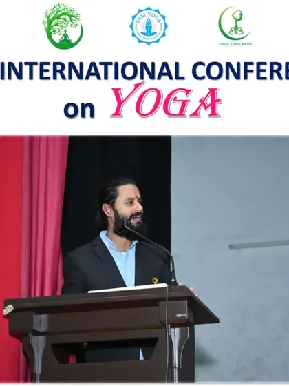 Addressing the audience at the International Conference on Yoga. My talks often focus on bridging the gap between traditional yogic philosophy and contemporary scientific understanding.