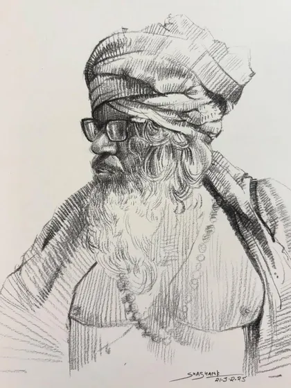 A pencil sketch of a sadhu, focusing on the texture of his long beard and the details of his expression. This type of expressive portrait is perfect for capturing character and personality.