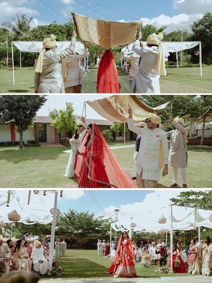 The bride's grand entrance. This collage shows her walking down the aisle at her beautiful outdoor wedding.