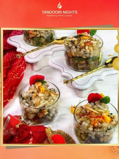Elevate your Navratri celebrations with our beautifully presented Satvik dishes. Here, sabudana khichdi is served in individual glasses with golden spoons for a modern touch.
