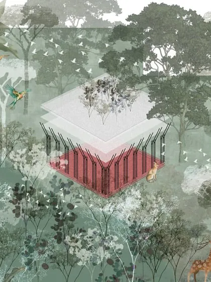 A conceptual illustration for "The Sanctuary" project, representing the building as a jewel box of wellness nestled within a lush, almost magical forest. This image captures the aspirational and narrative-driven core of our design.