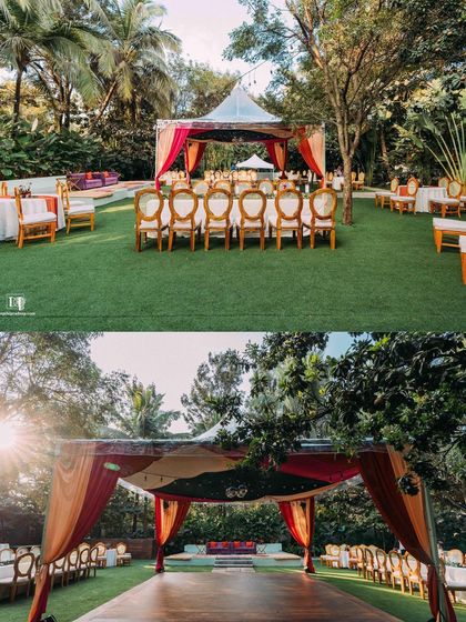 The perfect setting for a pre-wedding cocktail party or sangeet night. The lawn provides ample space for a dance floor, while the surrounding trees, lit with elegant chandeliers and string lights, create a festive and celebratory atmosphere.