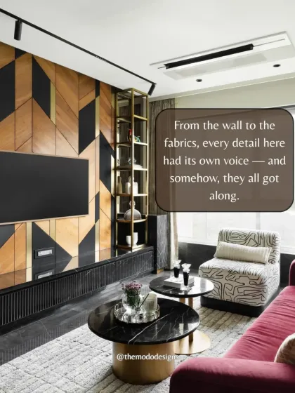 In this living room, every detail has its own voice, from the geometric feature wall to the patterned fabrics. We carefully balanced these elements to ensure they all got along beautifully.