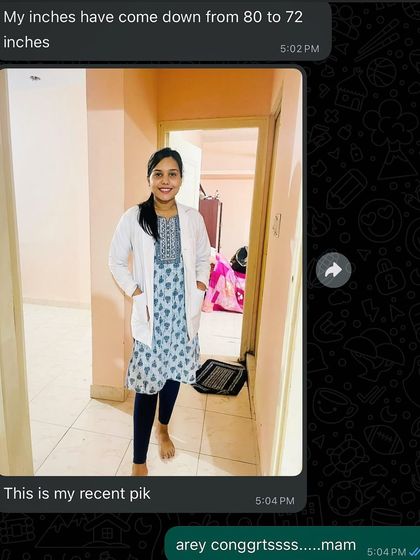 "My inches have come down from 80 to 72 inches." This client is thrilled with her inch loss and shared a recent picture to show her amazing progress.