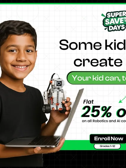 We believe in empowering children to be creators, not just consumers of technology. This image captures our philosophy, combined with our Super Saver Days offer, making it the perfect time to enroll your child and start their journey as an innovator.