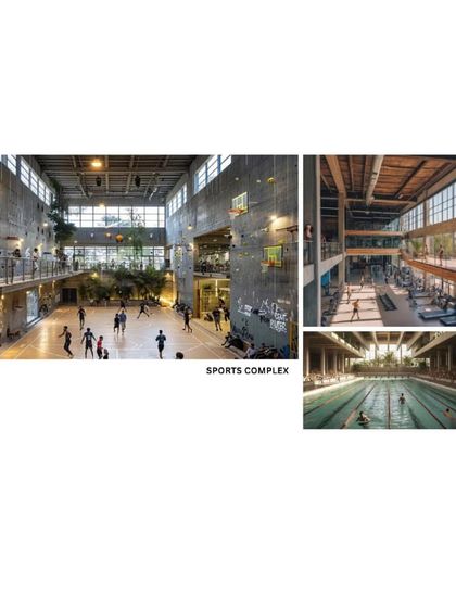 Renderings of the sports complex within the "LONE LUNG SPACE" project. The design features a large, open-atrium sports hall, a modern gym, and a swimming pool, integrating wellness into the mixed-use concept.