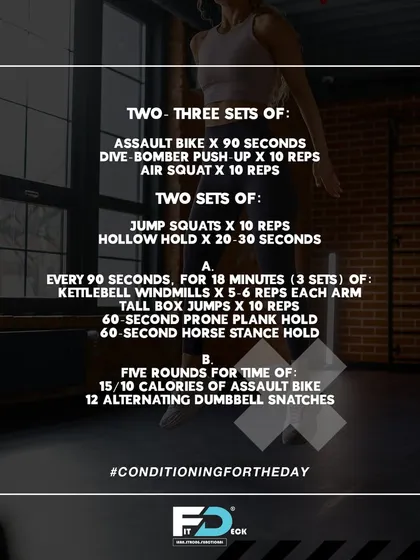 Another one of our daily conditioning workouts. This routine is designed to challenge you with a mix of assault bike, bodyweight movements, and kettlebell work.