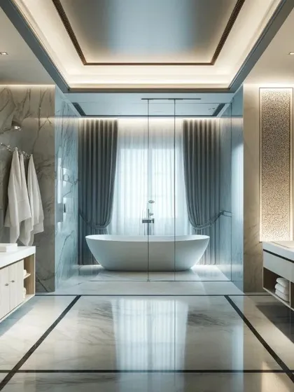 Symmetry and elegance define this bathroom. The freestanding tub is perfectly framed by a glass enclosure and sheer curtains, creating a stunning focal point. Dual vanities provide personal space and balance.