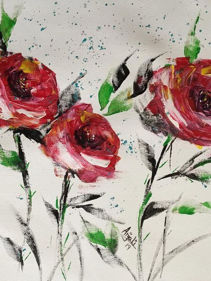 An expressive painting of red roses with abstract, energetic stems. This piece is less about realism and more about capturing the passion and feeling associated with the flower.