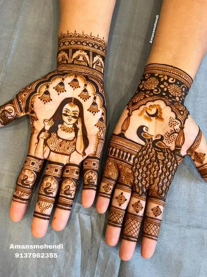 For festivals like Teej, I create special figurative designs. This set features a portrait of a woman on one hand and a peacock under the moon on the other, telling a story through the henna.