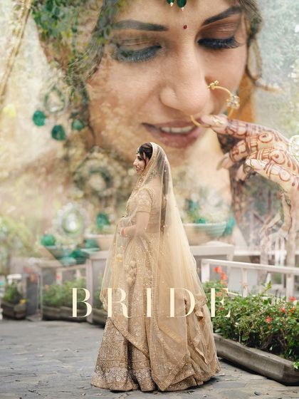 A creative double-exposure portrait of the bride, Shailja. It blends a full-length shot with a detailed close-up, creating a dreamy and artistic tribute.