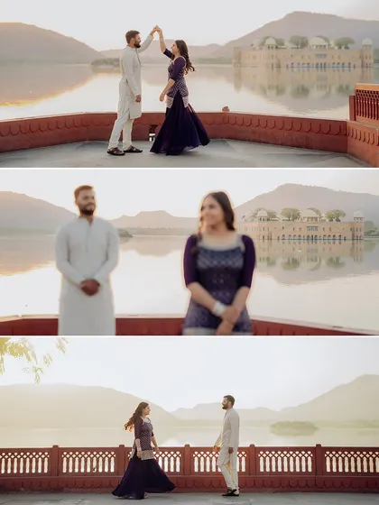 A trio of shots from a Jal Mahal session, including a creative focus-pulling effect that draws attention to the couple's expressions.