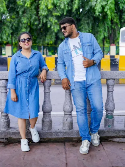 Another stylish shot of the couple in their matching denim outfits. We help you with costume ideas for every theme.