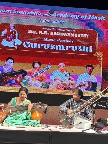A wide view of my jugalbandi concert with a sitar player at Chowdaiah Memorial Hall. The combination of Carnatic veena and Hindustani sitar always creates a magical experience.