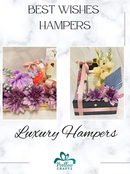 A showcase of our best wishes and luxury hampers, demonstrating the variety of styles we can create for any special occasion.