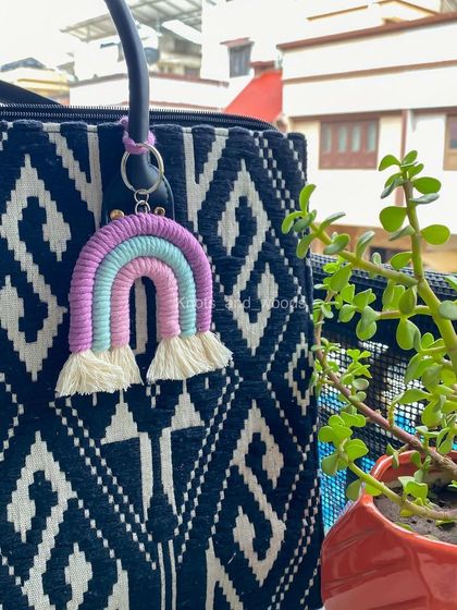 A little pastel rainbow to brighten your day! 🌈 This macrame rainbow keychain is perfect as a bag accessory or a car charm. I use 100% cotton yarn and can create these in any color combination you can dream of.