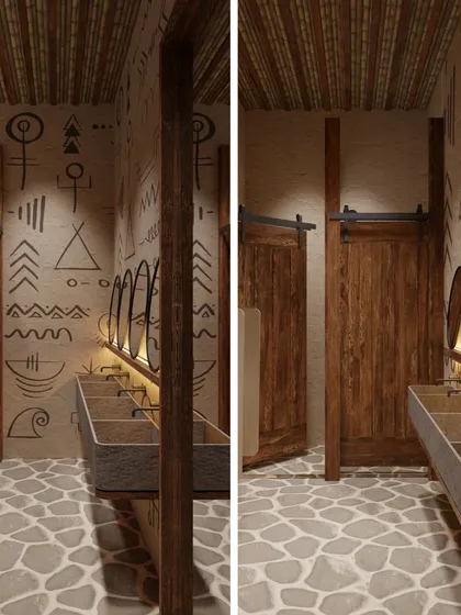 The washrooms at Skyro continue the narrative with raw stone floors and walls covered in primitive, symbolic drawings. The design feels ancient and elemental, extending the mythical jungle theme into every corner.