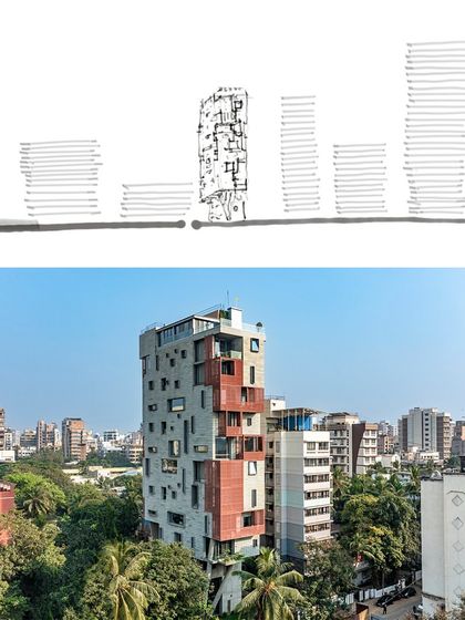 A concept sketch overlaid on the final J-House demonstrates the design's intent to be an outlier in the skyline. It is conceived not as a stack of floors but as a single, breathing organism, with a distinct anatomy that reveals itself upon closer observation.