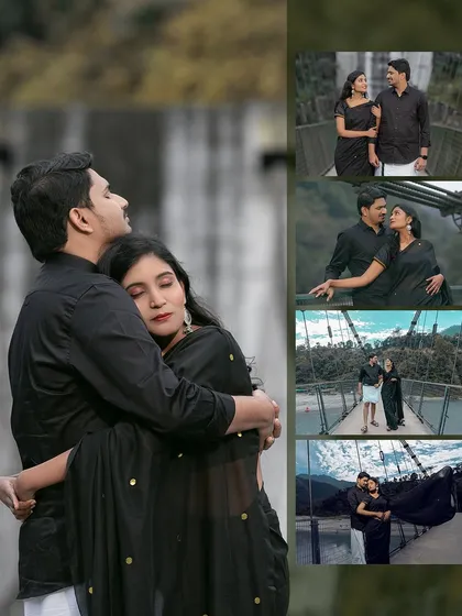 A collage showcasing a love story set against the iconic suspension bridges and lush greenery of Rishikesh. The matching black outfits create a striking contrast with the natural surroundings.