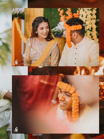 A collage of the couple during their Haldi ceremony, capturing traditional rituals and shared smiles.
