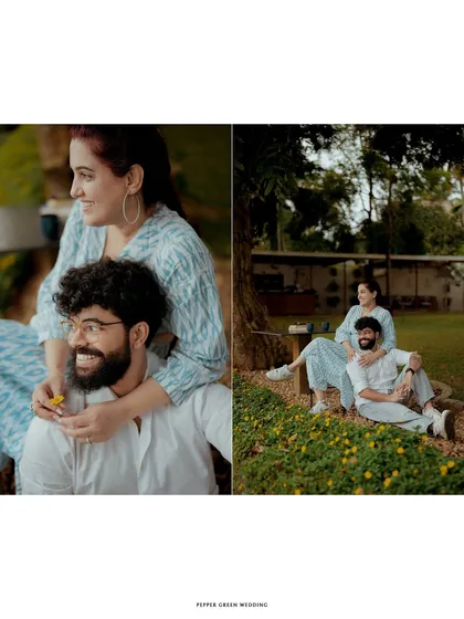 A collage of relaxed and happy moments from a pre-wedding shoot in a beautiful garden setting by the backwaters.