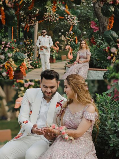 A collage showing the couple enjoying their vibrant, floral-themed Mehendi. The images capture their interactions and the beautiful, lush decor of the event.