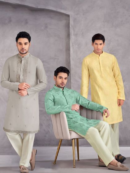 Timeless elegance, three ways. This image displays our kurta collection in subtle grey, refreshing mint, and sunshine yellow, offering sophisticated options for any festive occasion.