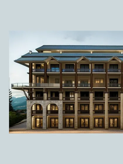 An architectural rendering of an upcoming luxury hotel project in the Himalayas. The design features classic arches and multiple balconies to maximize views, reflecting a modern interpretation of mountain architecture.