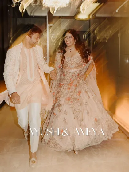 A beautiful motion-blur shot of Aayushi and Ameya during their engagement event. This technique adds a dreamy, energetic feel, capturing the excitement and movement of their celebration.