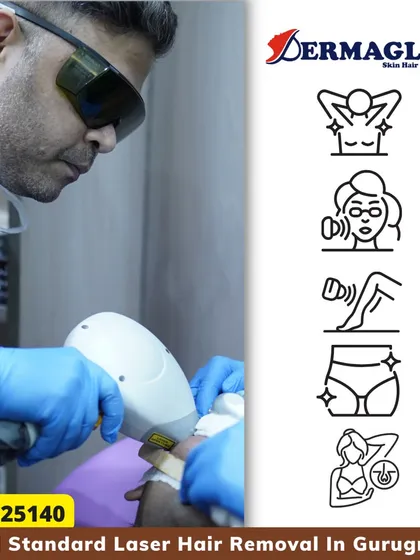 Our laser hair removal treatments are versatile and can be customized for almost any area of the body. This image shows a precise facial hair treatment in progress, with icons illustrating other popular areas like underarms, legs, and the bikini line.