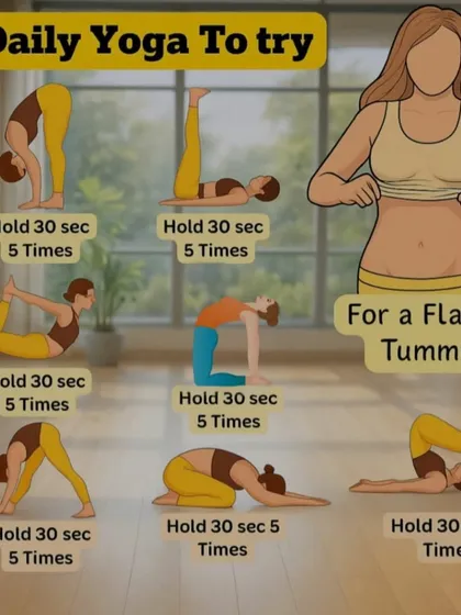 A quick visual guide to daily yoga poses for a flatter tummy. This chart includes holds for poses like Bow Pose, Camel Pose, and Downward Dog.
