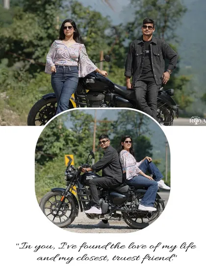 A collage featuring a couple posing with their motorcycle, perfectly capturing the sentiment 'In you, I've found the love of my life and my closest, truest friend'.