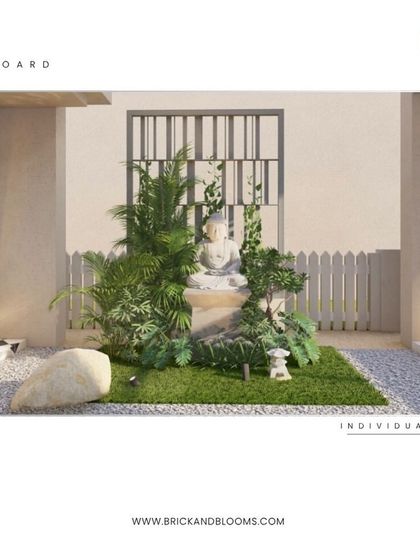 Another design option for the same courtyard space. This version explores a different style of background screen and a more compact arrangement of plants around the central Buddha statue, offering a slightly more modern feel.
