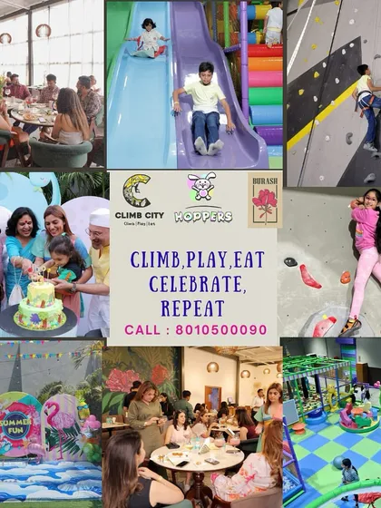 A collage showcasing everything we offer: climbing at Climb City, playing at Hoppers, eating at Burash, and celebrating special moments.