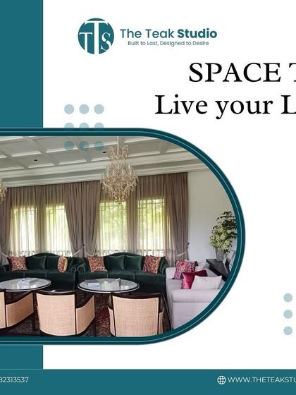 A promotional graphic with the tagline "Space to Live your Life," featuring a grand living room with multiple custom sofas and chairs. This image captures the essence of creating beautiful, functional spaces for everyday living.
