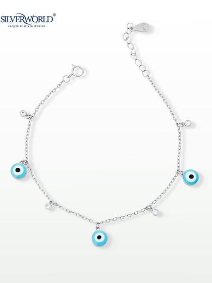 This delicate Evil Eye bracelet is perfect for a minimalist look. Crafted from 925 sterling silver, it features small, light blue evil eye charms and tiny Zirconia stones for a subtle sparkle.