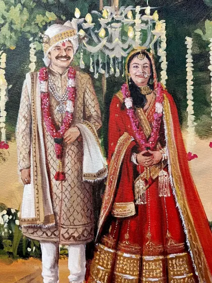 A close-up of the couple from the Gurugram live wedding painting. I focused on the rich details of their red and gold wedding attire.